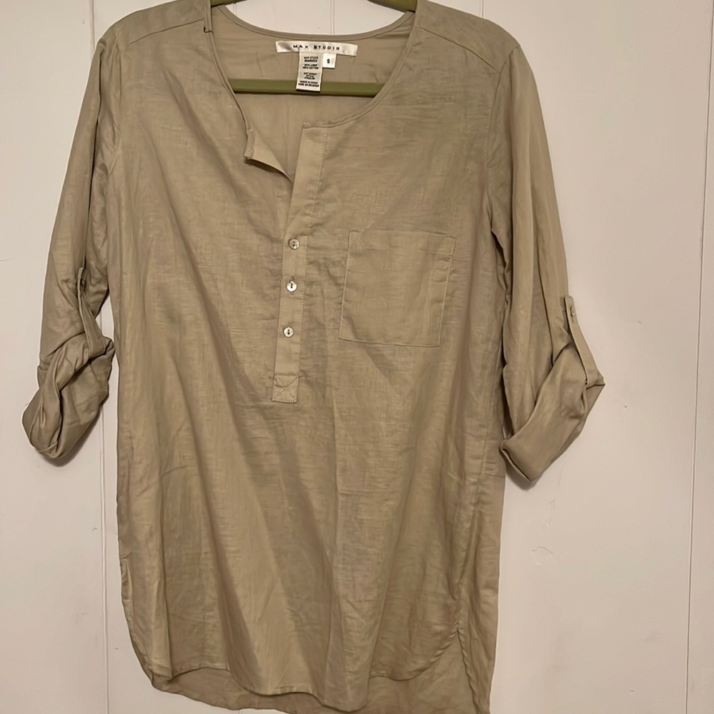 Max Studio 55%linen/45% cotton. Tan in color